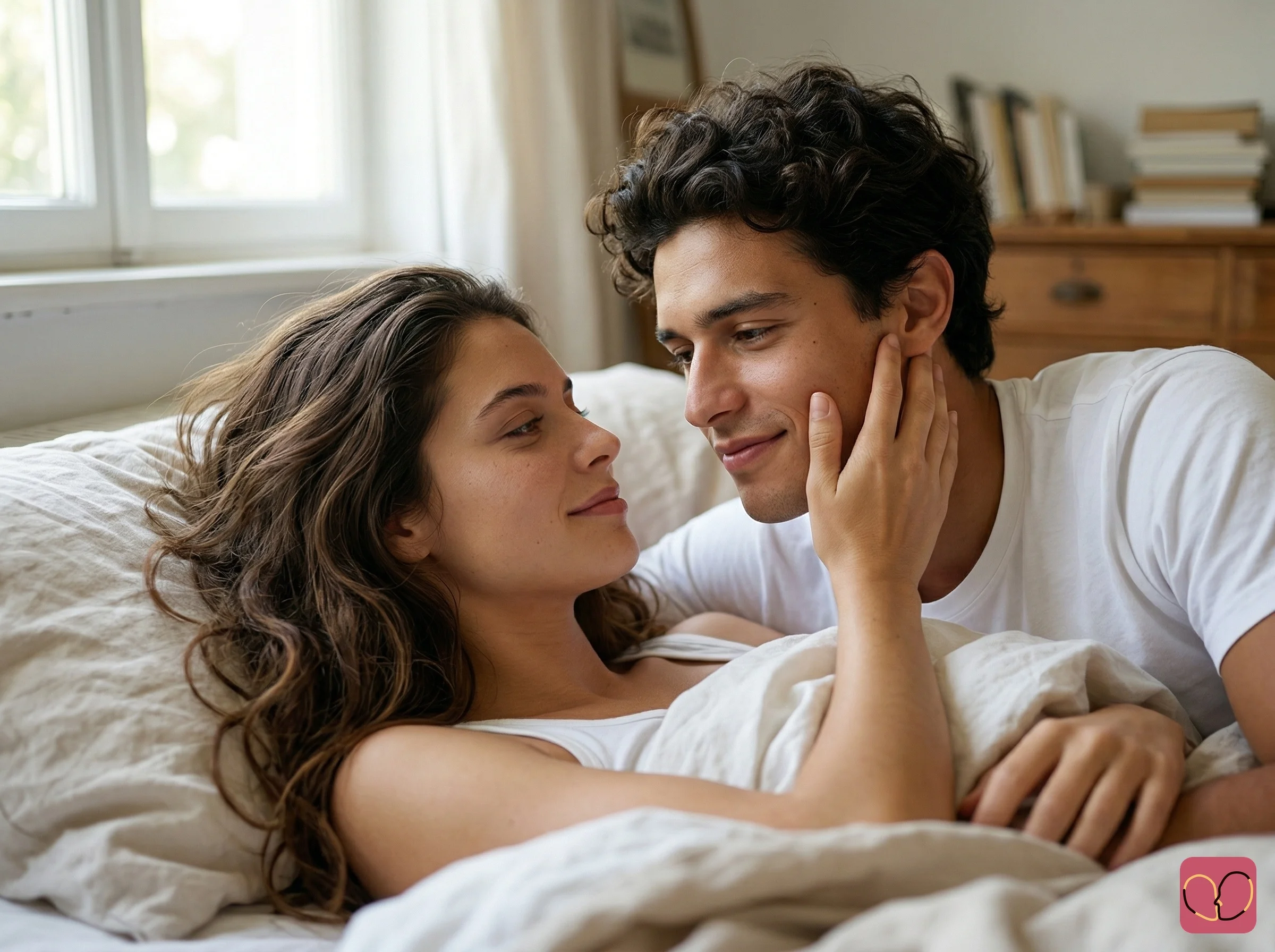 Couple à distance créant des photos ensemble — Couple dans une chambre tôt le matin