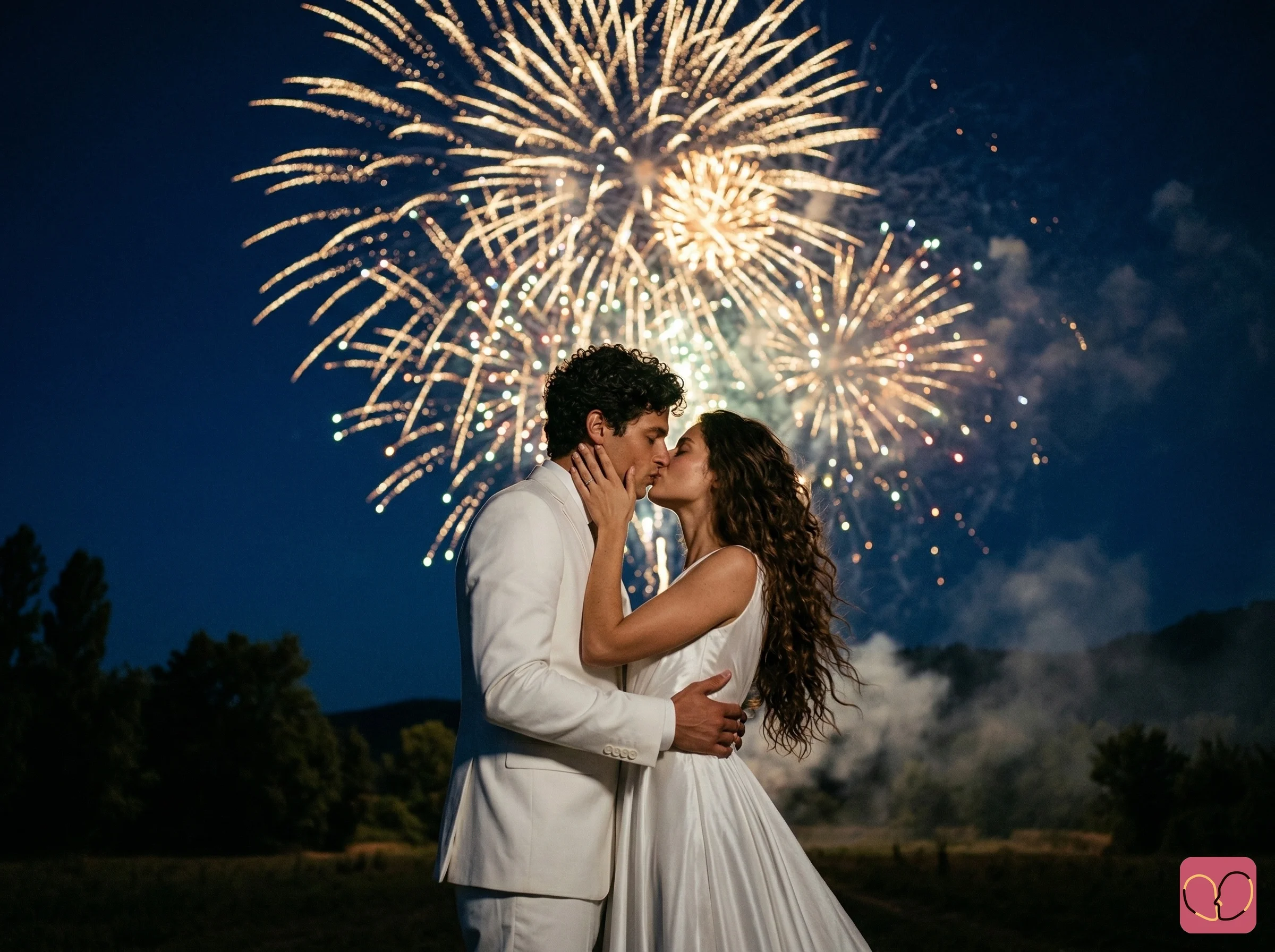 Génération de photos souvenir pour couples — Baiser de couple de mariage avec feux d'artifice