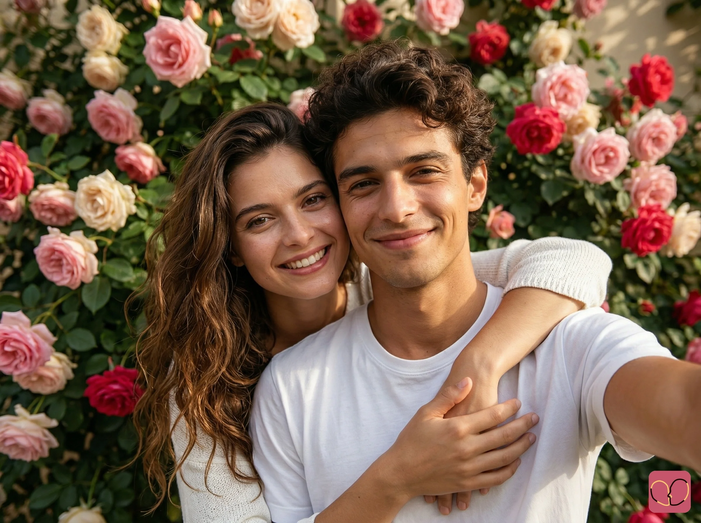 Contenu photo de couple pour réseaux sociaux — Selfie de couple devant un mur de roses