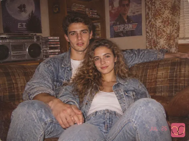 1980s couple photo - two people sitting close on a plaid sofa in a living room with a large silver boombox