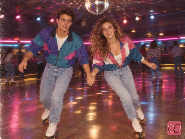 1980s couple photo — A couple skates hand in hand at a roller rink lit by colorful lights