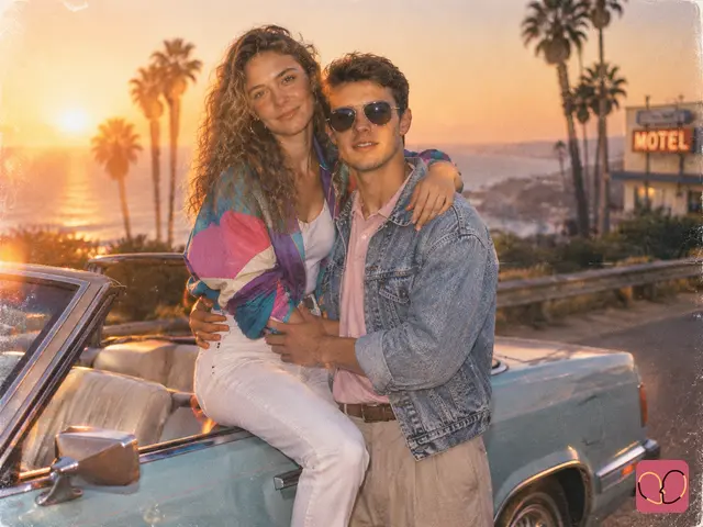 1980s couple photo — A couple enjoys the sunset beside a convertible on the coast
