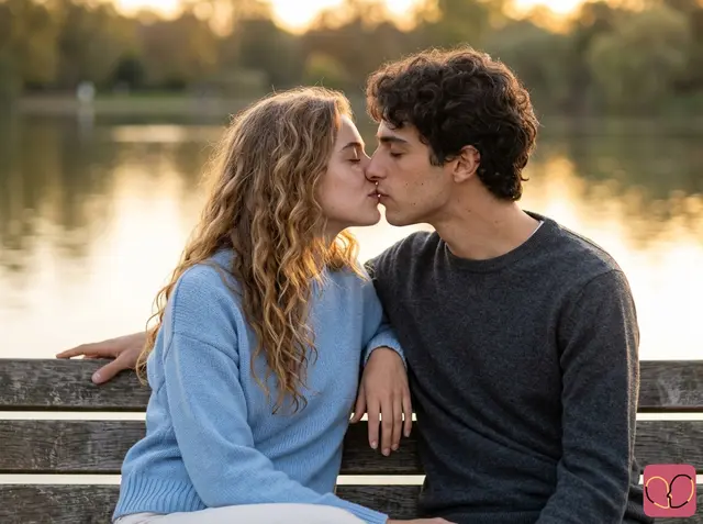 Park Bench Sunset Kiss Couple