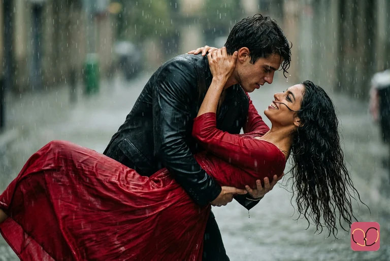 Bollywood Red Dress Rain Couple