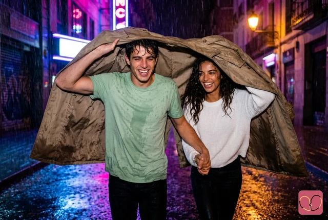 Coat Overhead Rain Run Couple