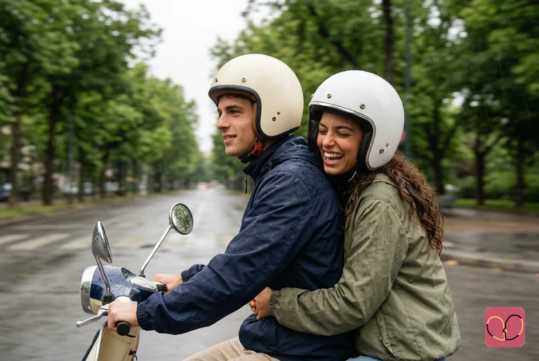 Scooter Rain Ride Couple