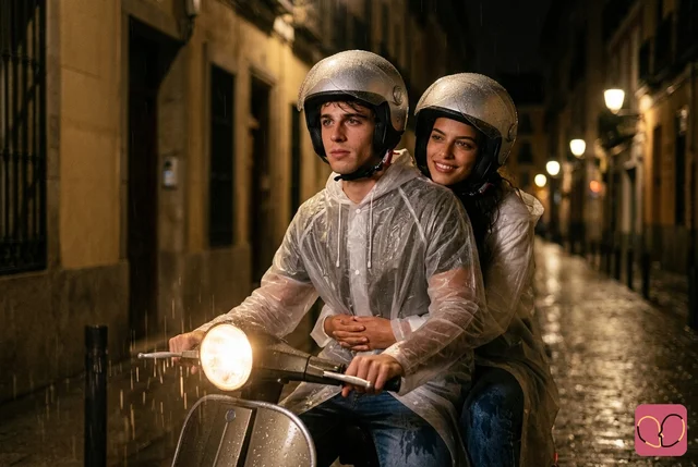 Scooter Night Light Rain Couple