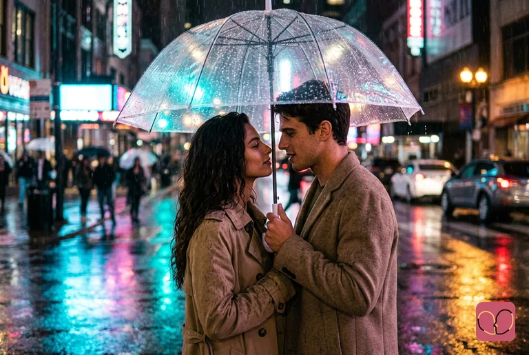 Couple under a transparent umbrella in the rain - refining a rain couple photo