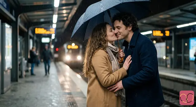Rainy Train Platform Kiss Couple