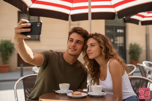 Candid Cafe Table Selfie Couple